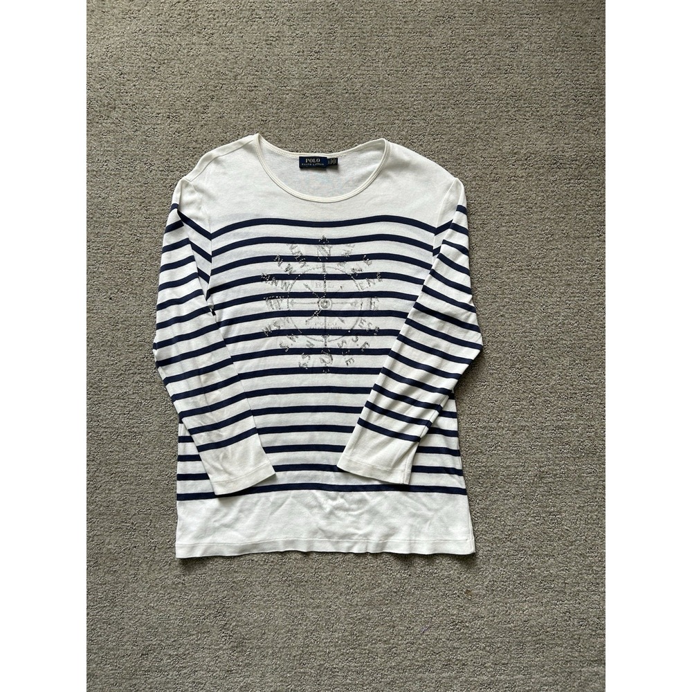 Polo Ralph Lauren Top Women's L White Sailing Stripes Nautical Embroidery Casual